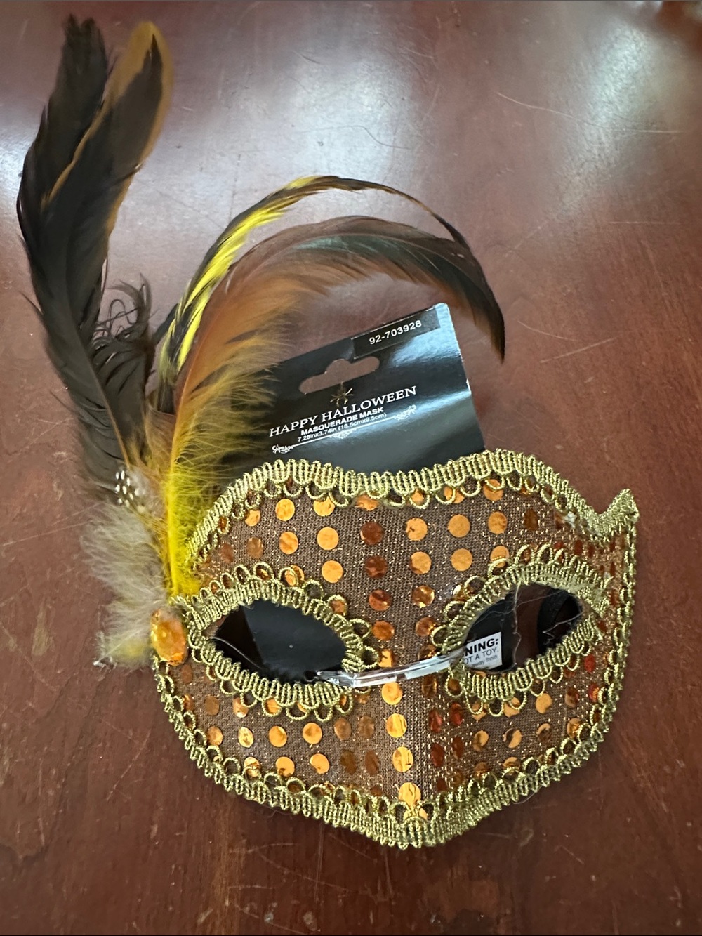 Gold & Orange Feathered Masquerade Eye Mask - Happy Halloween
